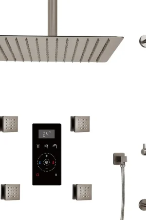 Worldwide Shipping Fontana 20" Brushed Nickel Ceiling Mounted Rainfall Digital Thermostat Mixer Shower System With 4-Jet Body Spray, Hand Shower and Without Water Powered LED Lights