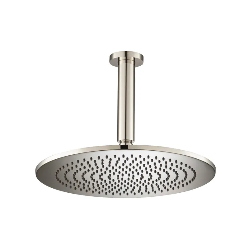 Flusso Faucets Universal Fixtures 12" Single Function Round Polished Nickel PVD Solid Brass Rain Shower Head With 6" Ceiling Mounted Shower Arm No Minimum Order