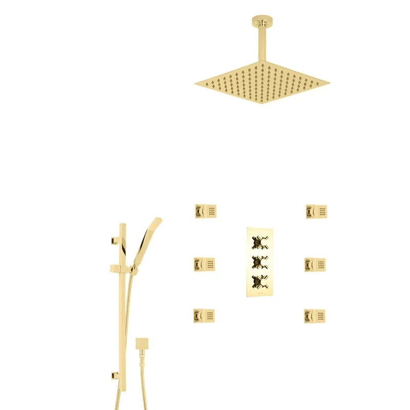 Fontana Reno 16" Gold Square Ceiling Mounted Rainfall Shower System With 6-Body Massage Jets and Hand Shower Instant Buy
