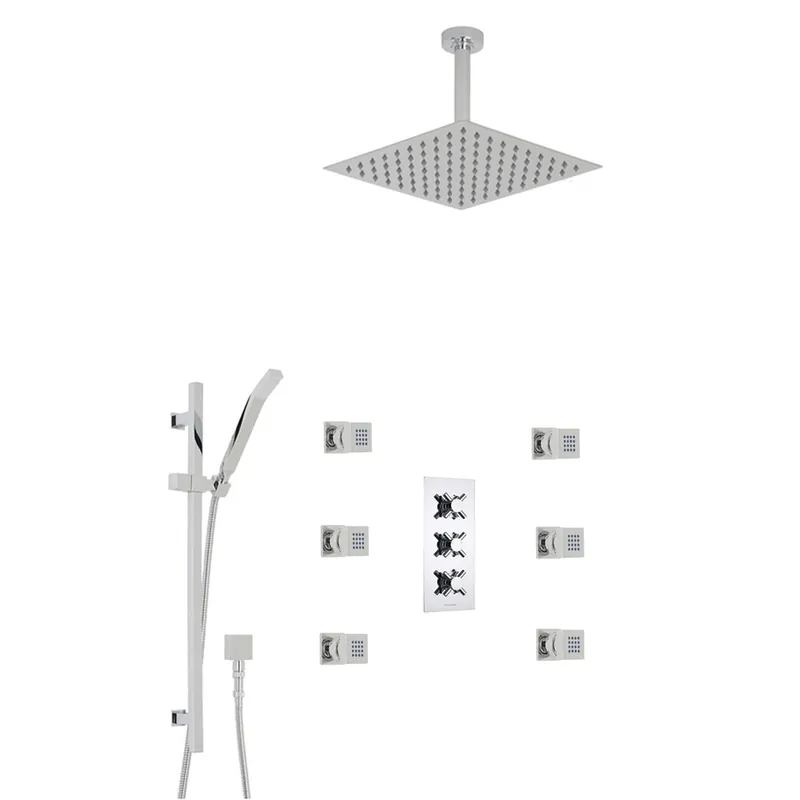 Fontana Reno 12" Chrome Square Ceiling Mounted Rainfall Shower System With 6-Body Massage Jets and Hand Shower Super Sale