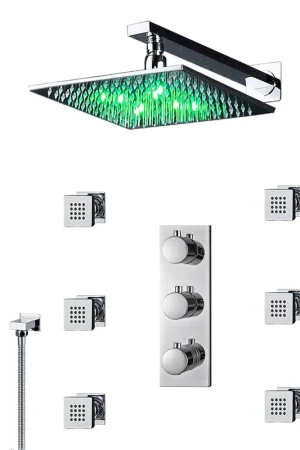 Affordable Fontana Trialo 24" Polished Chrome Square Wall-Mounted Color Changing LED Shower System With Regular Mixer, Adjustable 6-Body Jets and Hand Shower