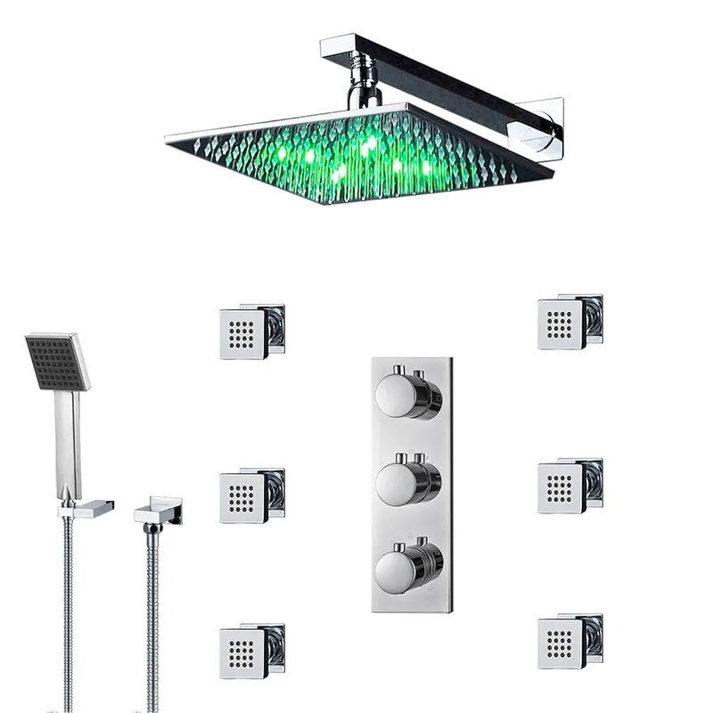 Money Back Guarantee Fontana Trialo 16" Polished Chrome Square Wall-Mounted Color Changing LED Shower System With Regular Mixer, Adjustable 6-Body Jets and Hand Shower