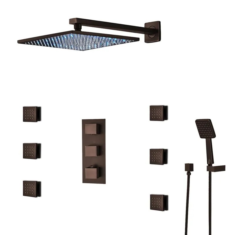 Top Pick Fontana Sierra 8" Light Oil Rubbed Bronze Round Wall-Mounted LED Shower System With 6-Jet Body Sprays and Hand Shower