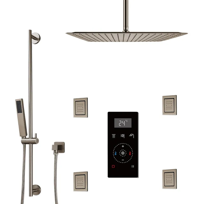 Buy Online Fontana 8" Brushed Nickel Ceiling Mounted Rainfall Digital Control Shower System With 4-Jet Body Sprays, Hand Shower and Water Powered LED Lights