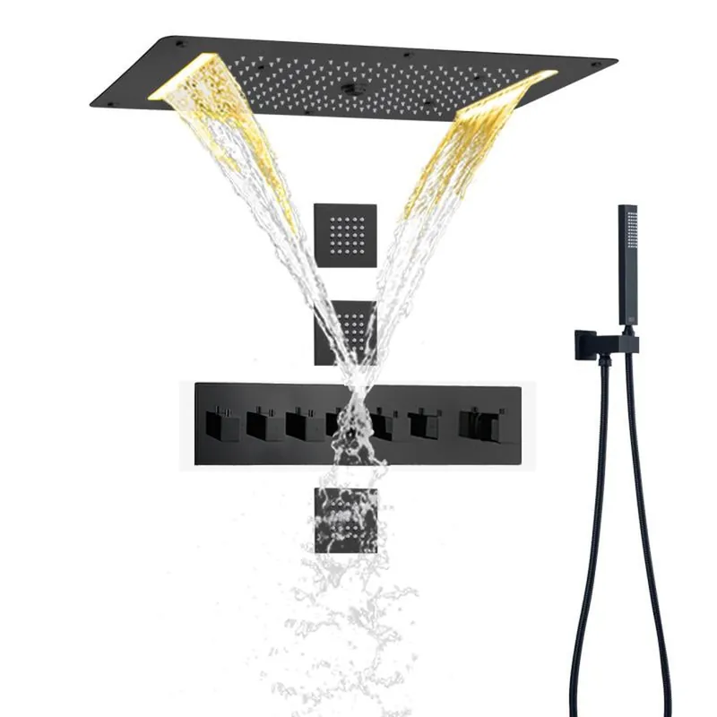 Cheap Fontana Gela Matte Black Ceiling Mounted Thermostatic LED Waterfall Rainfall Mist Water Column Shower System With Hand Shower and 3-Jet Body Sprays