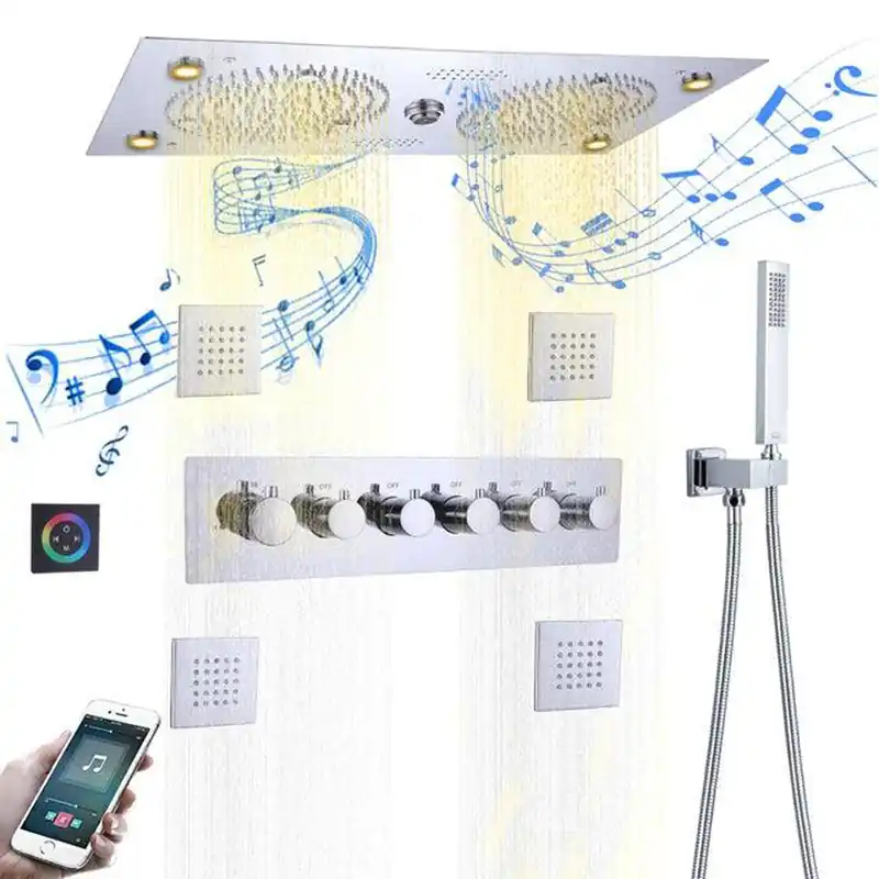 Trending Fontana Magenta Chrome Polished Recessed Ceiling Mounted LED Thermostatic Rainfall Musical Shower System With 4-Jet Body Sprays and Hand Shower