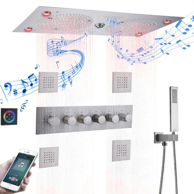 Low Price Fontana Novara Brushed Nickel Recessed Ceiling Mounted Thermostatic Rainfall LED Musical Shower System With Hand Shower and 4-Jet Body Sprays