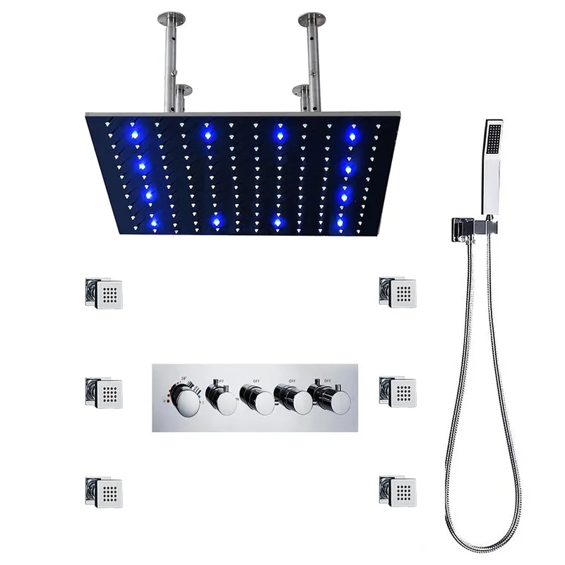 Fontana Deauville Chrome Ceiling Mounted Thermostatic LED Rainfall Shower System With 6-Body Jets and Hand Shower Buy Today