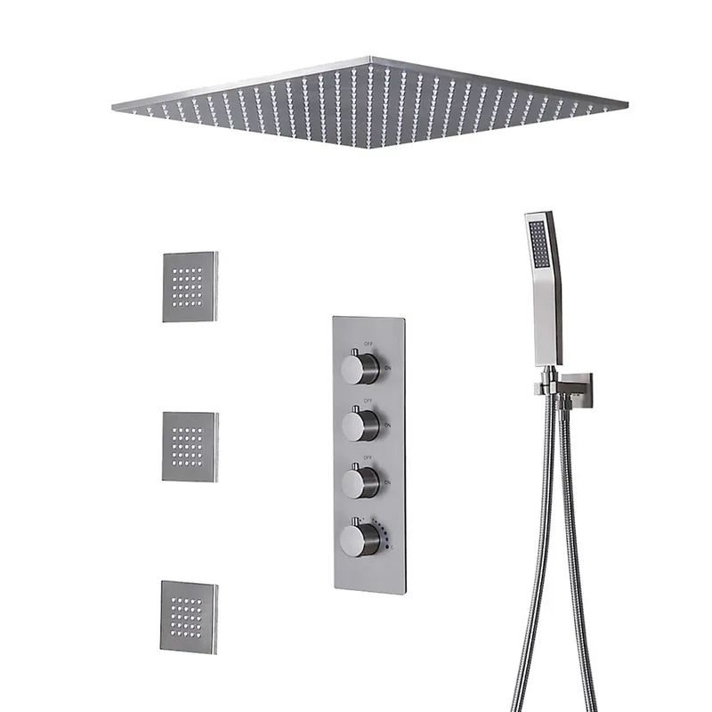 Fontana 20" x 20" Brushed Nickel Ceiling Mounted Thermostatic Valve Shower System With 3-Jet Sprays, Hand Shower and Water Powered LED Lights Best Choice