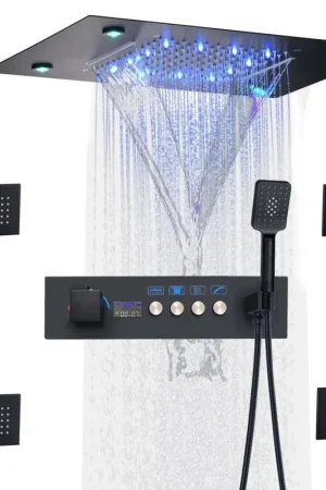 Affordable Fontana Venice Matte Black Ceiling Mounted LED Musical Thermostatic Waterfall Shower System With 4-Body Jets and Hand Shower