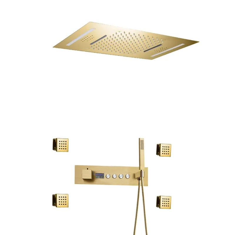 Fontana Piacenza Brushed Gold Recessed Ceiling Mounted Thermostatic LED Waterfall Rainfall Shower System With 4-Jet Body Sprays and Hand Shower Weekend Sale