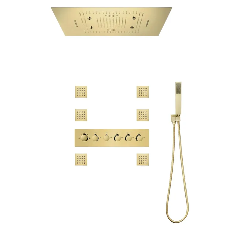 Holiday Sale Fontana Trento Brushed Gold Recessed Celing Mounted LED Musical Touch Panel Controlled Thermostatic Rainfall Mist Waterfall Shower System With Hand Shower and 6-Body Jets
