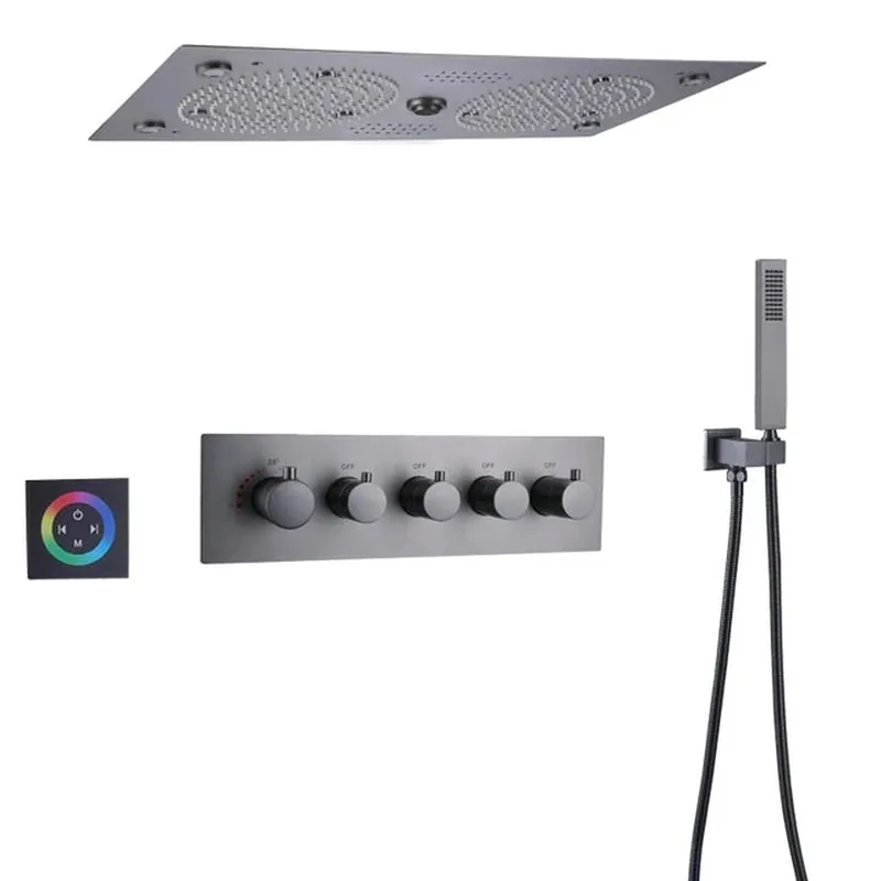 Professional Grade Fontana Foggia Gunmetal Gray Ceiling Mounted Thermostatic Recessed Rainfall LED Musical Shower System With Hand Shower