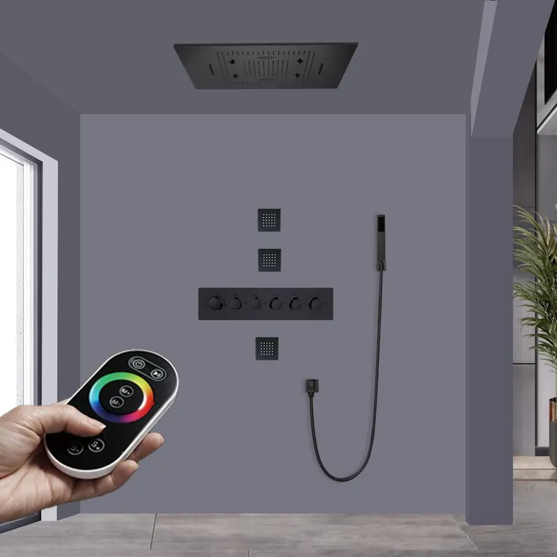 Fontana SA Tế Matte Black Remote Controlled Stainless Steel LED Smart Music Rainfall Thermostatic Shower System With Massage Jets and Hand Shower Free Shipping