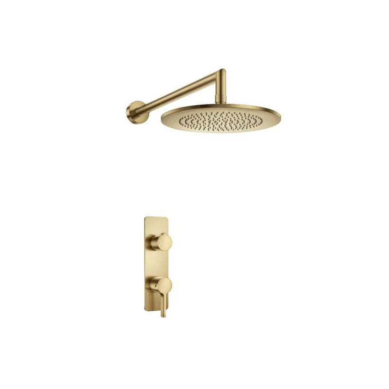 Flusso Faucets Serie 260 Single Output Satin Brass PVD Wall-Mounted Shower Set With Round Rain Shower Head, Two-Handle Shower Trim and 1-Output Horizontal / Vertical Wall-Mounted Thermostatic Shower / Bathtub Valve With Integrated Volume Control Factory Price