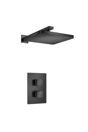 Affordable Flusso Faucets Serie 196 Single Matte Black Wall-Mounted Shower Set With Single Function Square Rain Shower Head, Two-Handle Shower Trim and 1-Output Wall-Mounted Thermostatic Shower Valve With Integrated Volume Control