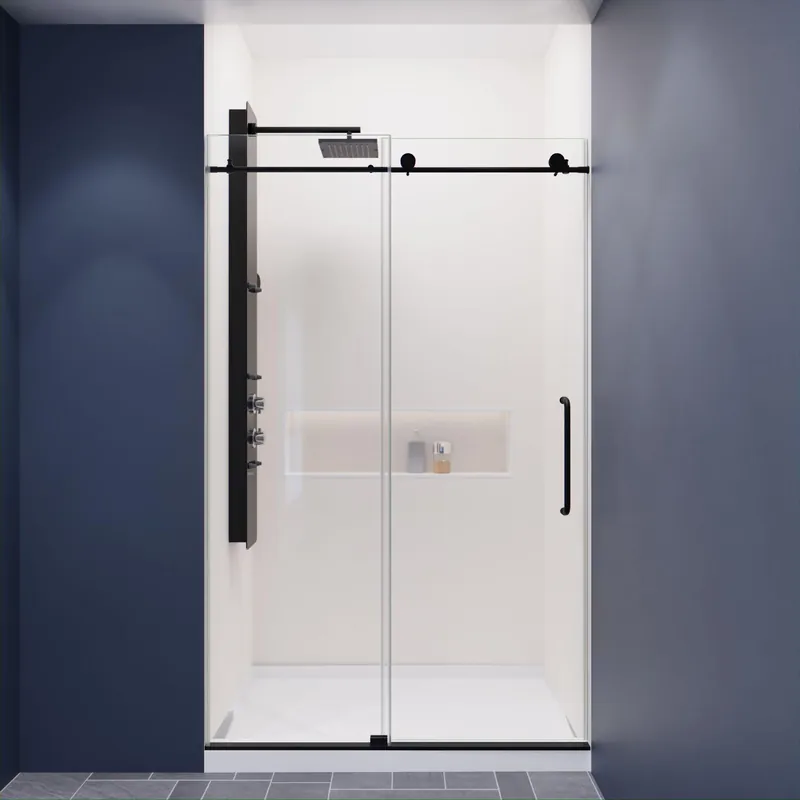 Price Drop ANZZI Leon Series 48" x 76" Frameless Rectangular Matte Black Sliding Shower Door With Handle and Tsunami Guard