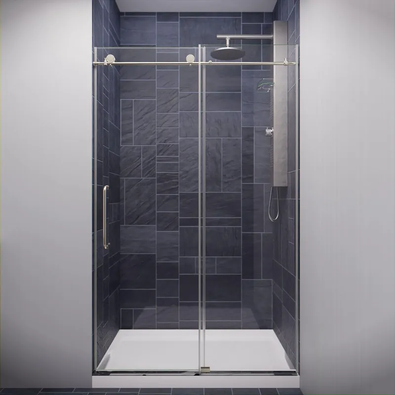 Buy Direct ANZZI Leon Series 48" x 76" Frameless Rectangular Brushed Nickel Sliding Shower Door With Handle and Tsunami Guard