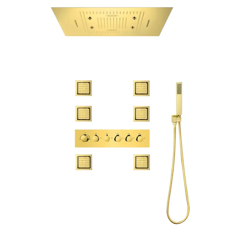 Special Discount FontanaShowers Benevento Creative Luxury Gold Recessed Ceiling Mounted LED Musical Thermostatic Phone Controlled Waterfall, Rainfall & Mist Shower System With 6-Jet Body Sprays and Hand Shower