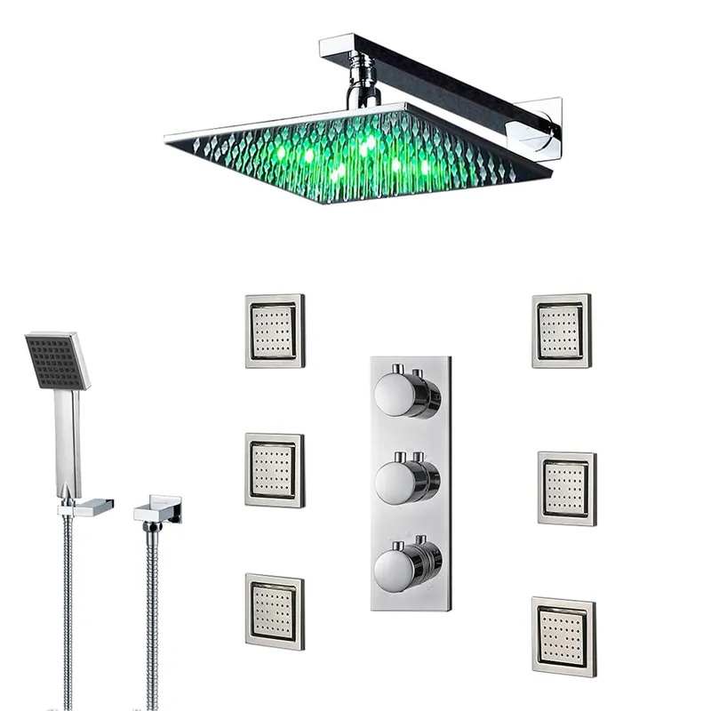 FontanaShowers Milan Creative Luxury 16" Chrome Square Wall-Mounted LED Rainfall Shower System With 6-Jet Stainless Steel Massage Sprays and Hand Shower One Day Deal
