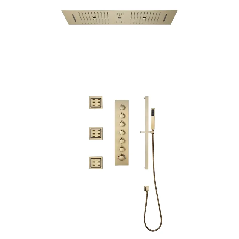 Fontana Latina Creative Luxury Brushed Gold Recessed Ceiling Mounted LED Musical & Touch Panel Controlled Thermostatic Waterfall, Rainfall, Water Column & Mist Shower System With 3-Jet Body Sprays and Hand Shower While Supplies Last