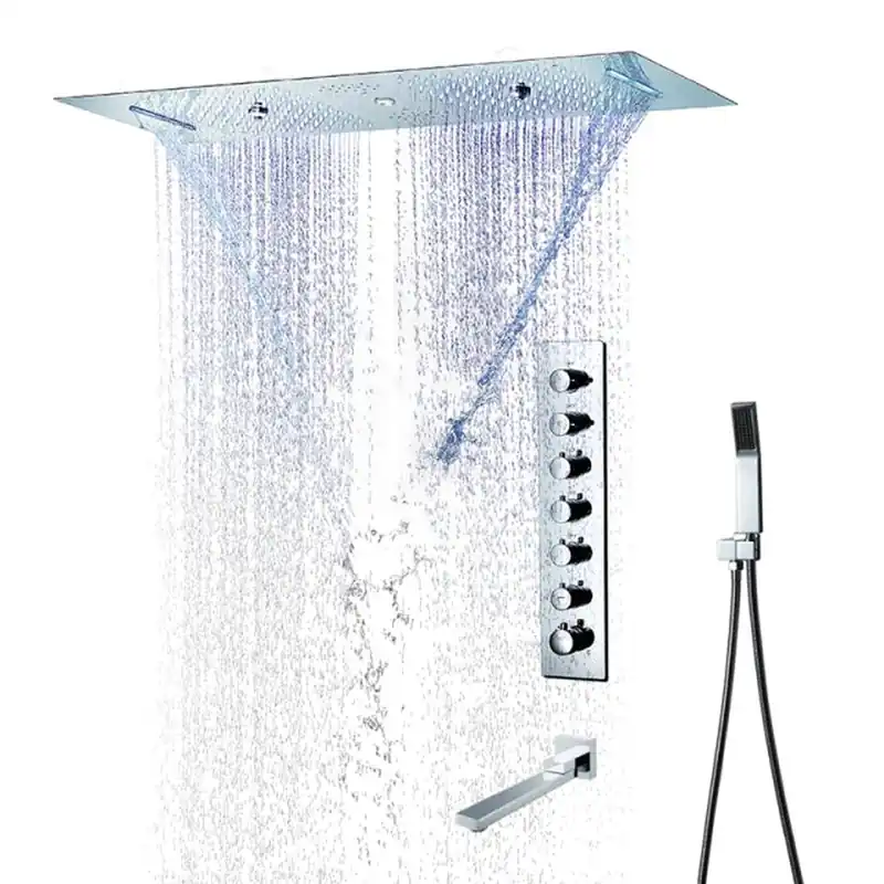 Best Price Fontana Rimini Creative Luxury Chrome Recessed Ceiling Mounted LED Musical & Touch Panel Controlled Thermostatic Waterfall, Rainfall, Water Column & Mist Shower System With Hand Shower and Tub Spout