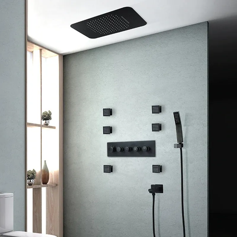 Money Back Guarantee FontanaShowers Verona Creative Luxury Matte Black Rectangular Ceiling Mounted Thermostatic Bluetooth Musical Smart LED Rain Shower System With 6-Jet Massage Sprays and Touch Panel Controlled Hand Shower