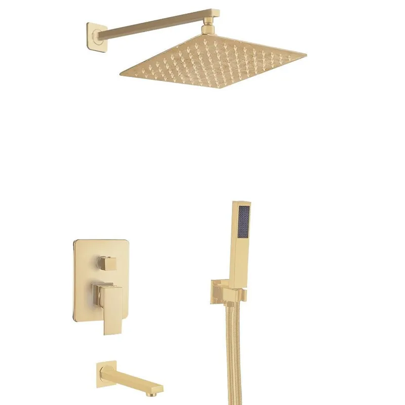 FontanaShowers Verona Creative Luxury 12" Gold Square Wall-Mounted 3-Way Single Handle Mixer Shower System With Hand Shower and Tub Spout Genuine