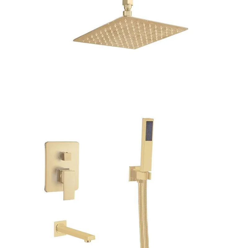 FontanaShowers Verona Creative Luxury 12" Gold Square Ceiling Mounted 3-Way Single Handle Mixer Shower System With Hand Shower and Tub Spout Fresh Stock