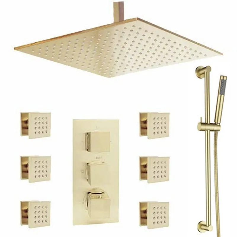 FontanaShowers Verona Creative Luxury 10" Brushed Gold Square Ceiling Mounted Thermostatic Button Mixer Rainfall Shower System With 6-Jet Body Sprays and Hand Shower Free Shipping