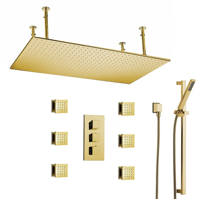 Special Offer Fontana Diadema Creative Luxury Large Brushed Gold Rectangular Ceiling Mounted LED Solid Brass Shower Head Rain Shower System With 6-Jet Body Sprays and Hand Shower