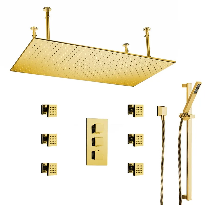 Hot Picks Fontana Diadema Creative Luxury Large Gold Rectangular Ceiling Mounted LED Solid Brass Shower Head Rain Shower System With 6-Jet Body Sprays and Hand Shower