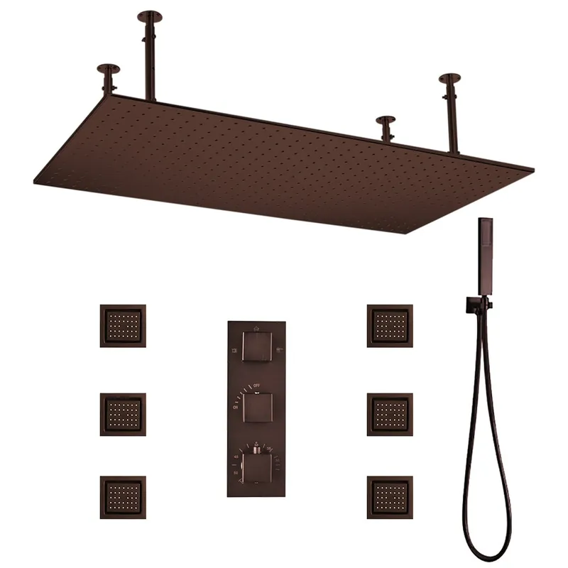 Fontana Diadema Creative Luxury Large Light Oil Rubbed Bronze Rectangular Ceiling Mounted LED Solid Brass Shower Head Rain Shower System With 6-Jet Body Sprays and Hand Shower Limited Edition