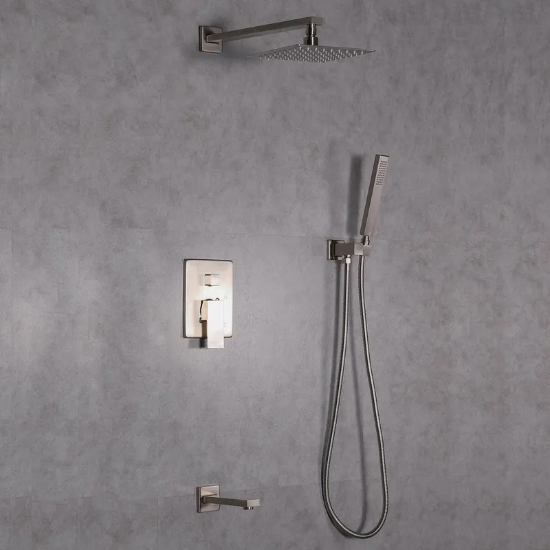 Eviva Beverly Brushed Nickel Wall-Mounted Squared Shower Head With Hand Shower and Tub Faucet Luxury