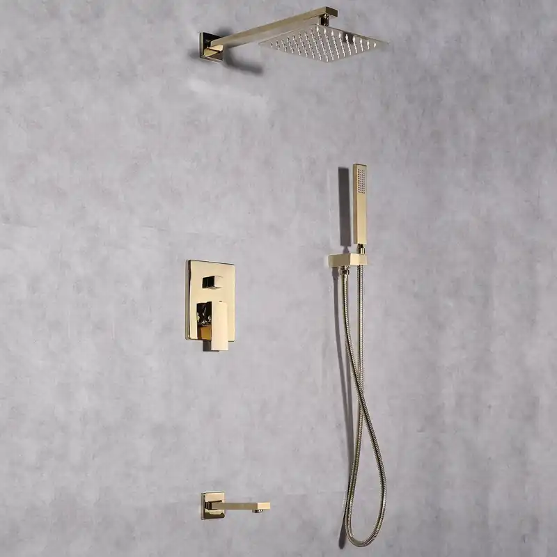Authentic Eviva Beverly Gold Coated Wall-Mounted Squared Shower Head With Hand Shower and Tub Faucet