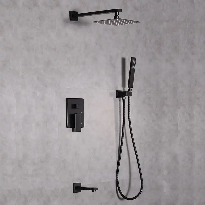 Free Shipping Eviva Beverly Matte Black Wall-Mounted Squared Shower Head With Hand Shower and Tub Faucet