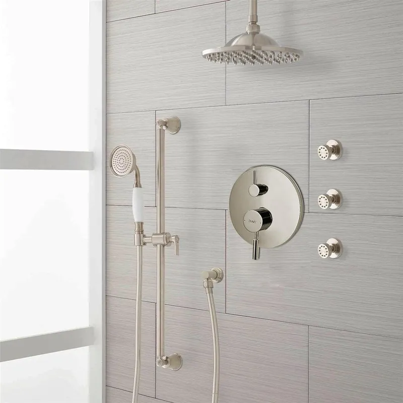 Best Choice FontanaShowers Deluxe Designers 8" Brushed Nickel Round Dual Shower Head Rainfall Shower System With 3-Jet Body Sprays and Hand Shower