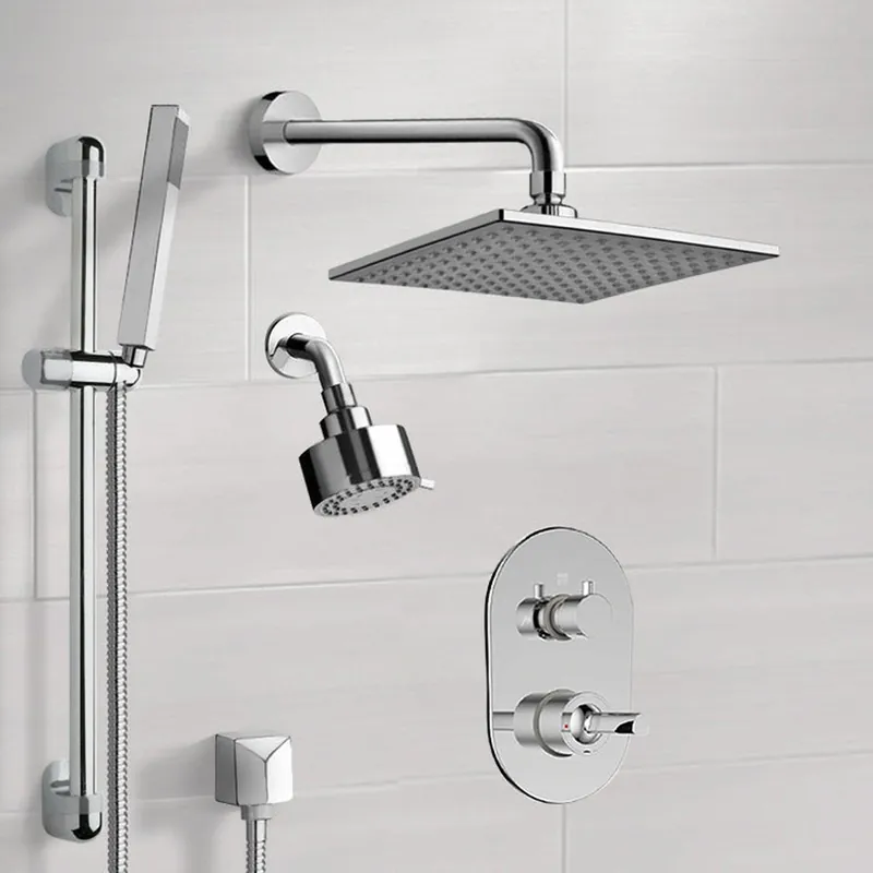FontanaShowers Deluxe Designers 10" Chrome Wall-Mounted Square & Small Round Dual Shower Head Rainfall Shower System With Slide Bar and Hand Shower Viral