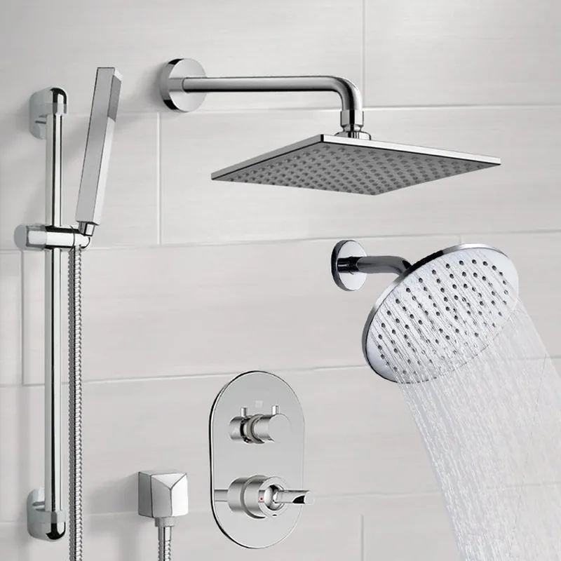 Viral FontanaShowers Deluxe Designers 16" Chrome Square & Big Round Dual Shower Head Rainfall Shower System With Slide Bar and Hand Shower