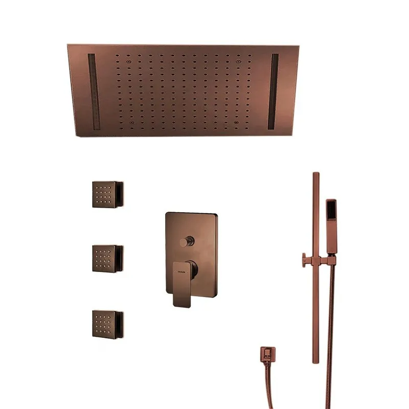 Fontana Creative Luxury Light Oil Rubbed Bronze Rectangular Ceiling Mounted Bravat LED Touch Control Rainfall Shower System With 3-Jet Body Sprays and Hand Shower Fast Shipping