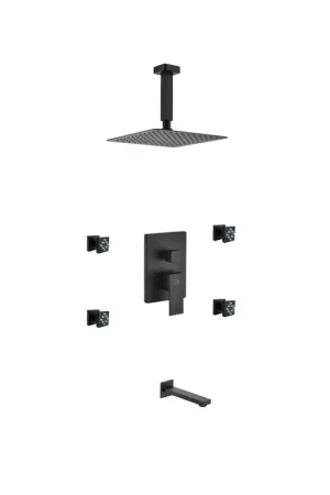 Kubebath Aqua Piazza 8" Matte Black Ceiling Mount Square With Tub Filler and 4 Body Jets Rain Shower Set Buy Today