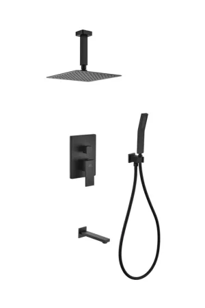 Limited Offer Kubebath Aqua Piazza 8" Matte Black Ceiling Mount Square With Handheld and Tub Filler Jets Rain Shower Set