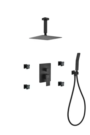 Fast Shipping Kubebath Aqua Piazza 8" Matte Black Ceiling Mount Square With Handheld and 4 Body Jets Rain Shower Set