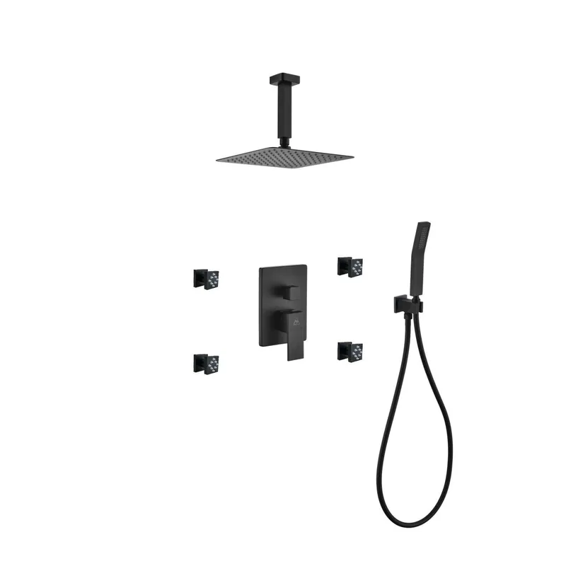 Fast Shipping Kubebath Aqua Piazza 8" Matte Black Ceiling Mount Square With Handheld and 4 Body Jets Rain Shower Set