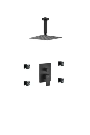 Kubebath Aqua Piazza 8" Matte Black Ceiling Mount Square With 4 Body Jets Rain Shower Set Cheap