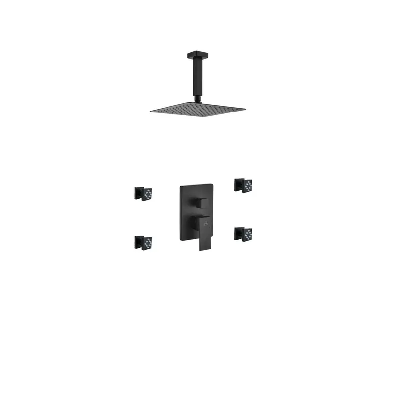 Kubebath Aqua Piazza 8" Matte Black Ceiling Mount Square With 4 Body Jets Rain Shower Set Cheap