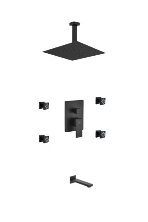 Bargain Kubebath Aqua Piazza 12" Matte Black Ceiling Mount Square With Tub Filler and 4 Body Jets Rain Shower Set