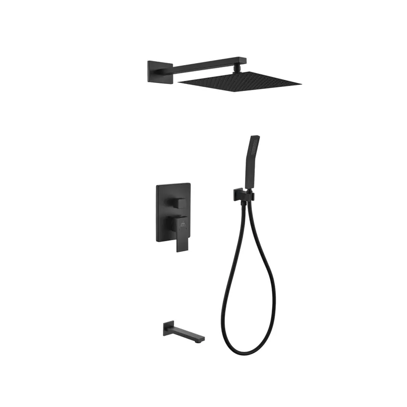 High Quality Kubebath Aqua Piazza 12" Matte Black Ceiling Mount Square With Handheld and Tub Filler Rain Shower Set