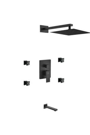 Kubebath Aqua Piazza 12" Matte Black Ceiling Mount Square With Tub Filler and 4 Body Jets Rain Shower Set Must Have