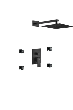 Handmade Kubebath Aqua Piazza 12" Matte Black Ceiling Mount Square with 4 Body Jets Rain Shower Set